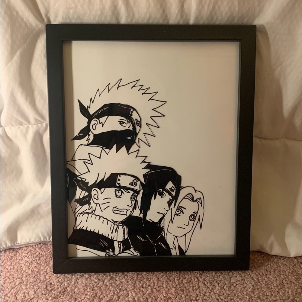 Black Naruto Team 7 Framed Anime Art Glass Painting Handmade
